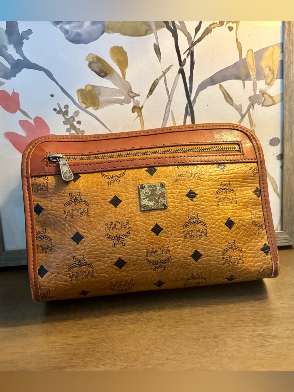 MCM Authentic Cognac Logo-Print Leather Toiletry Pouch